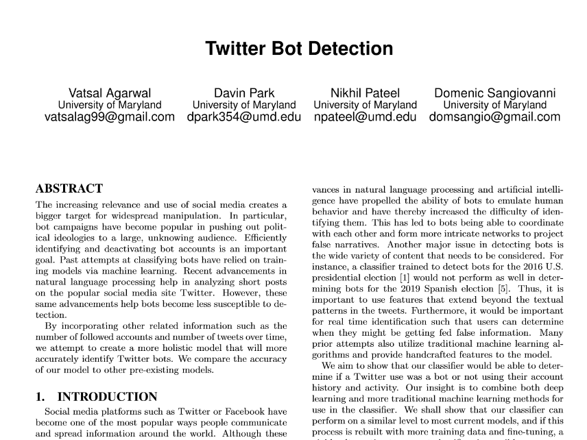 A pictures depicting an academic paper on Twitter Bot Detection